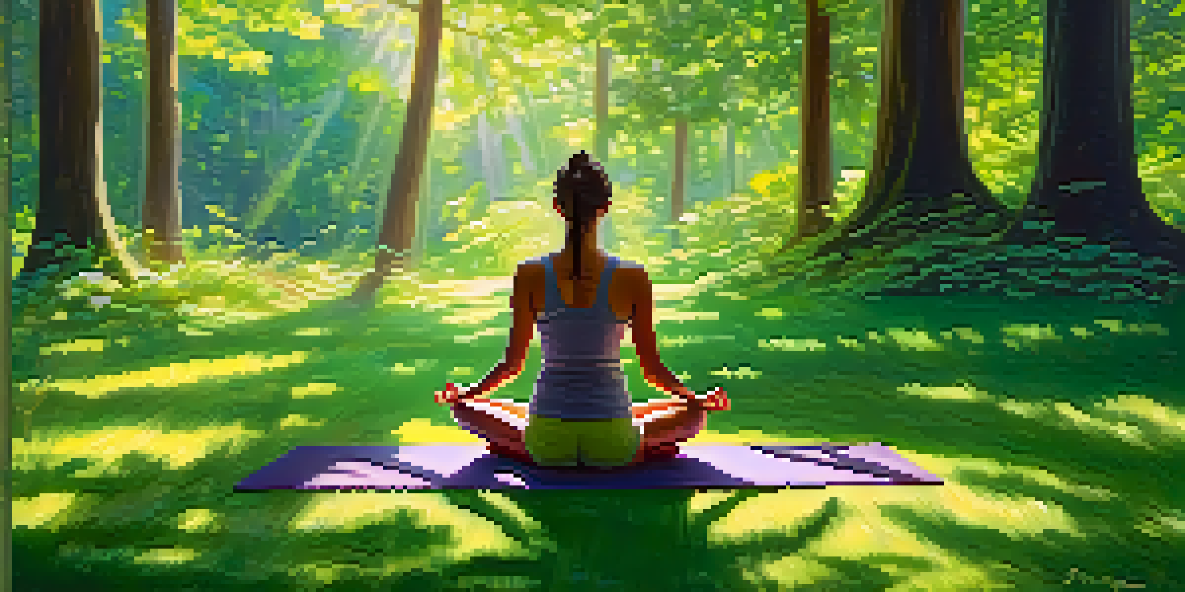 A person practicing yoga in a peaceful forest, surrounded by greenery and sunlight filtering through the trees.