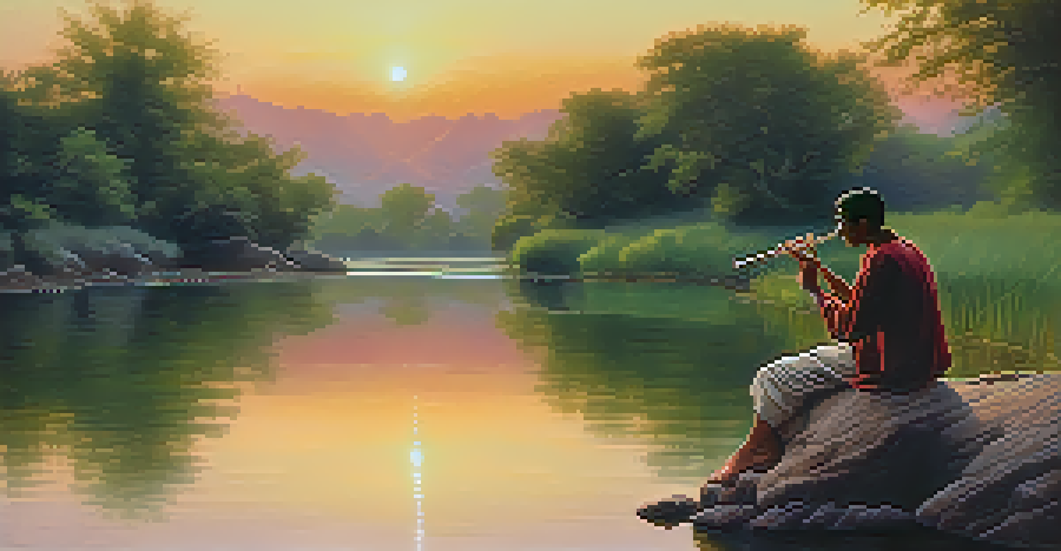 A musician playing the bansuri flute by a quiet river at sunset, with beautiful colors reflecting on the water and lush greenery around.