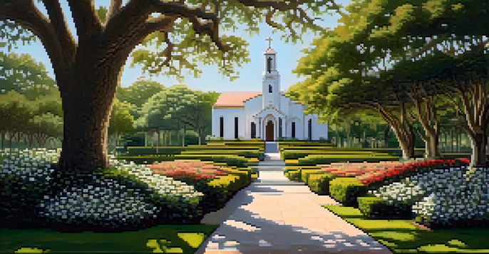 A peaceful scene of the National Shrine of Our Lady of La Leche surrounded by lush gardens and a historic chapel, with pilgrims walking along a sunny path.