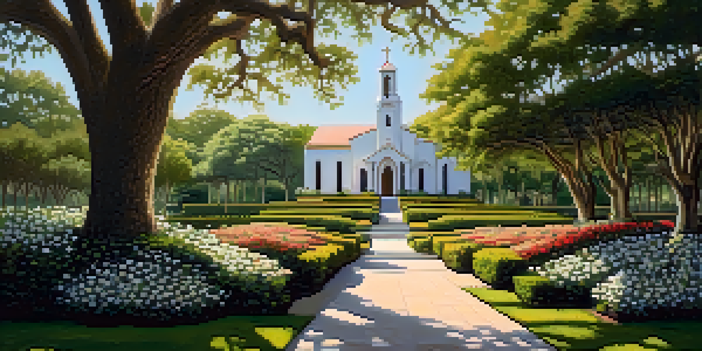 A peaceful scene of the National Shrine of Our Lady of La Leche surrounded by lush gardens and a historic chapel, with pilgrims walking along a sunny path.