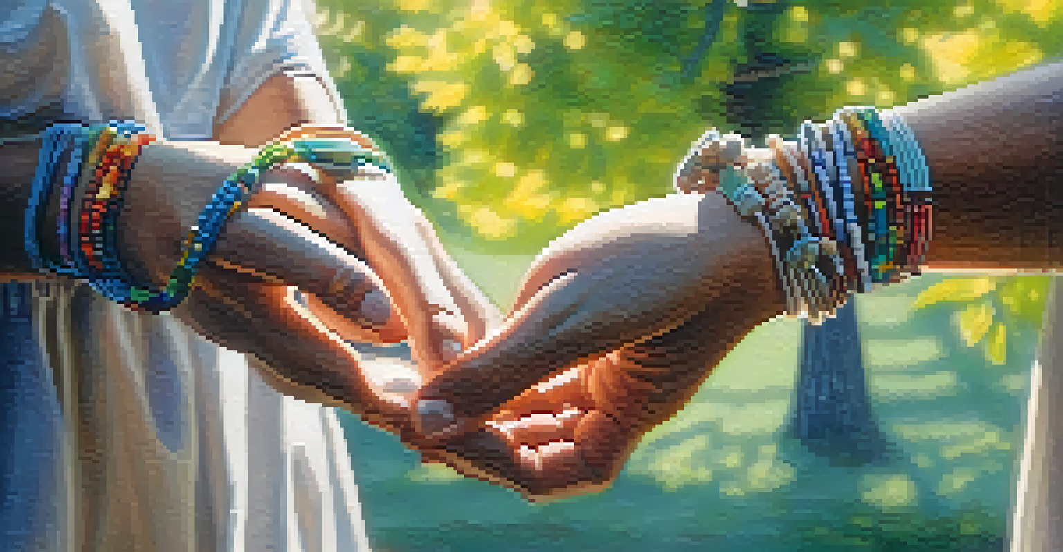 Close-up of hands in a meditative gesture with a soft-focus background of trees and warm sunlight.