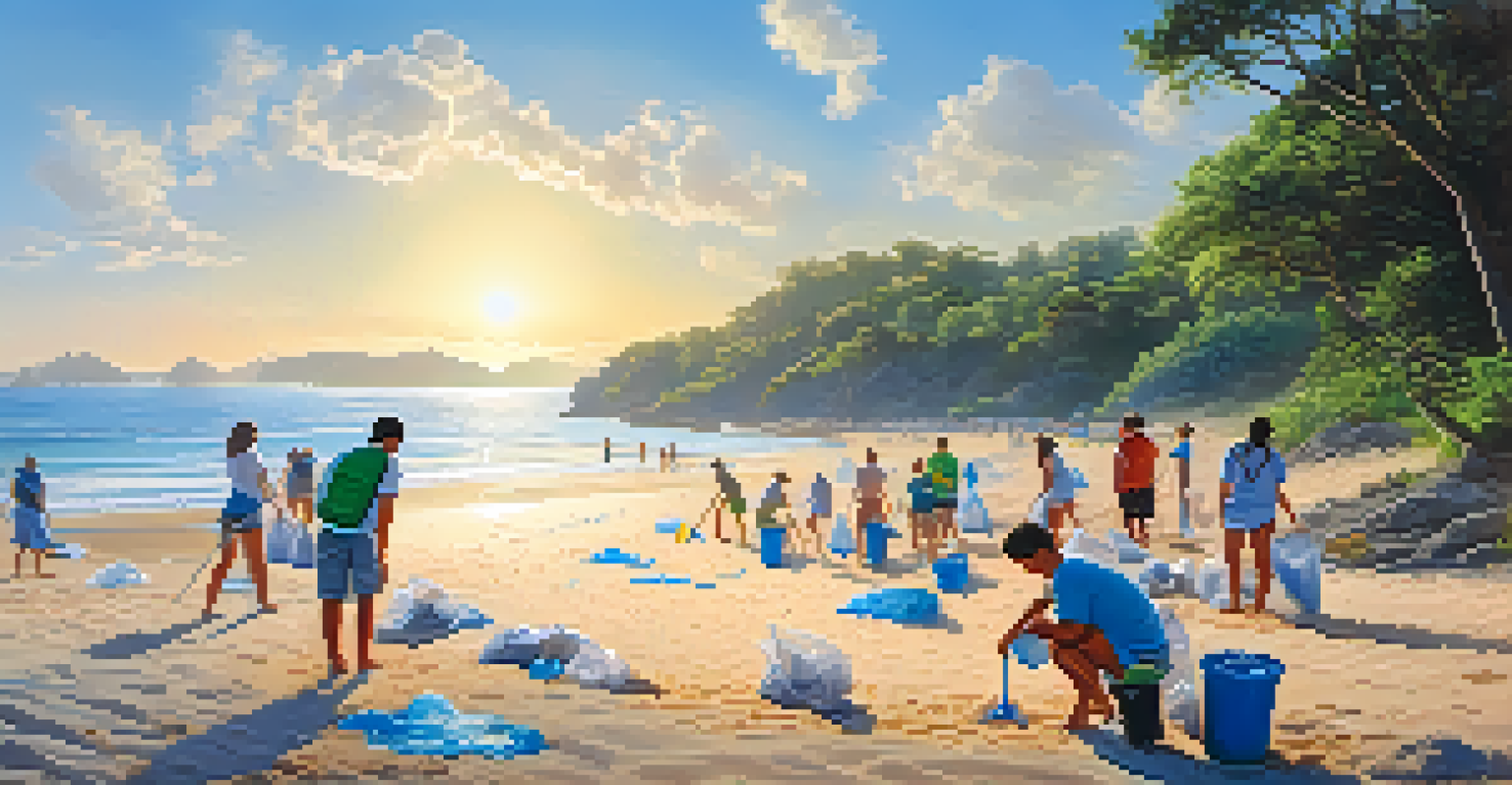 Visitors participating in a beach cleanup at a coastal ecotourism site, with clear waters and lush greenery in the background.