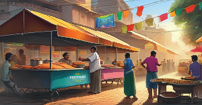 A street food vendor in India preparing pani puris, with colorful ingredients and customers around, during sunset.