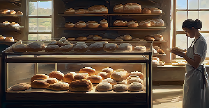 A cozy bakery with freshly baked bread and a baker kneading dough, illuminated by warm light.