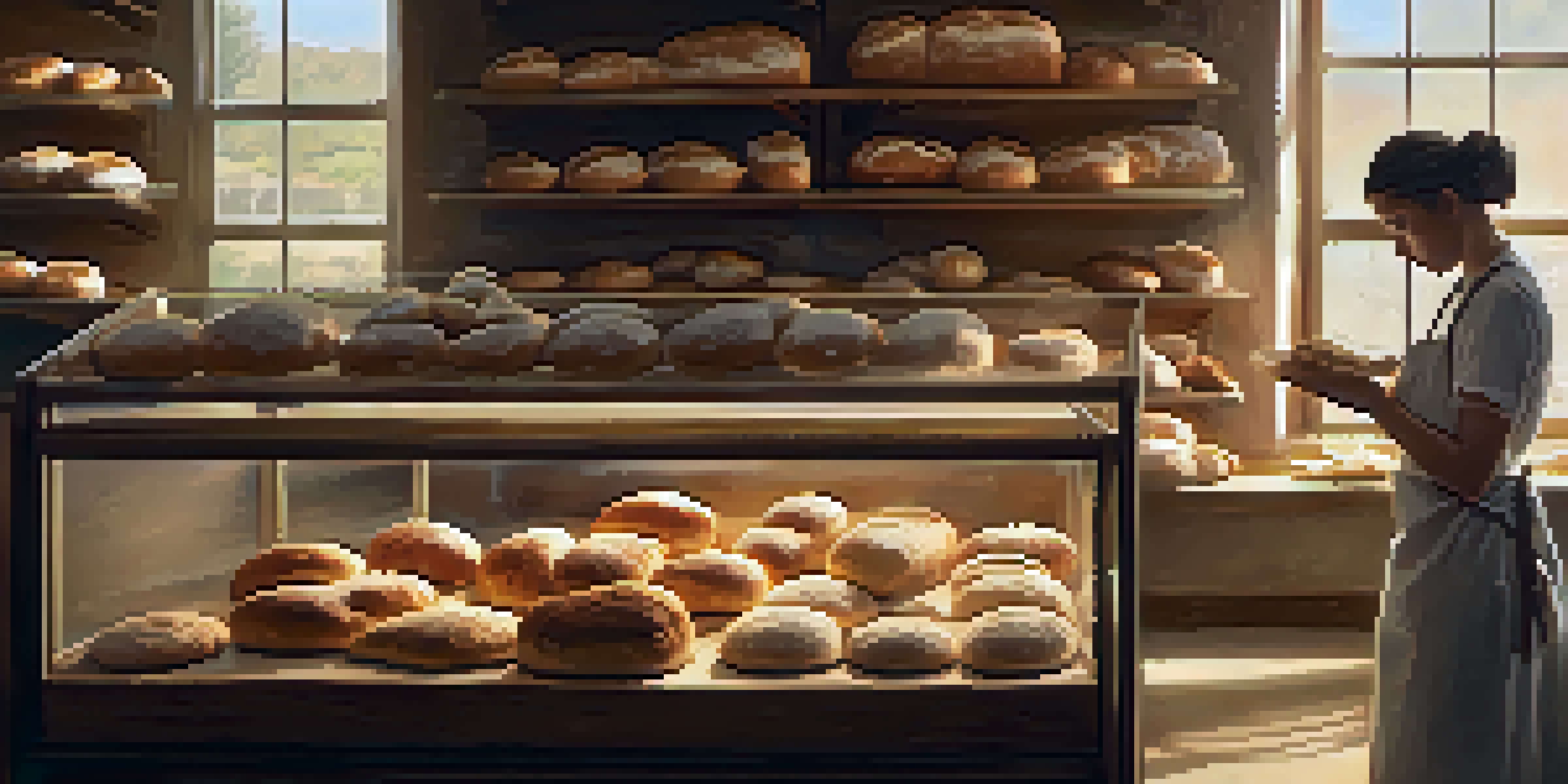 A cozy bakery with freshly baked bread and a baker kneading dough, illuminated by warm light.