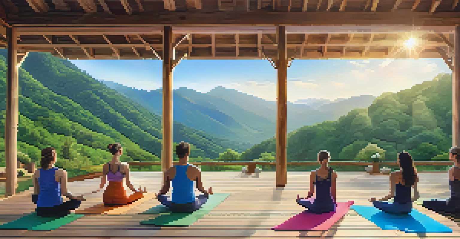 A group practicing yoga on a deck in the mountains with stunning valley views.