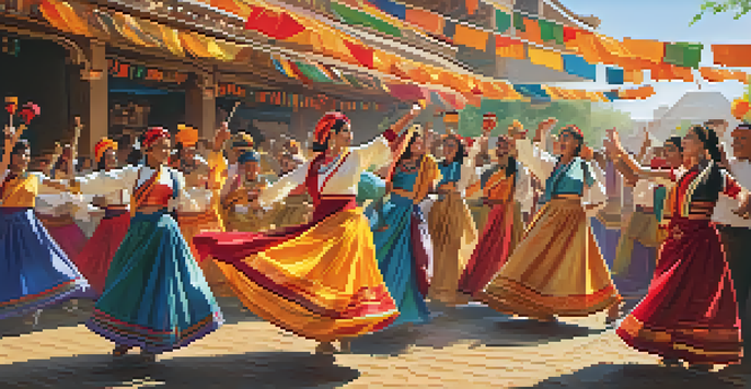 A lively cultural festival with people in traditional clothing dancing, colorful decorations, and musicians performing on stage under warm sunlight.