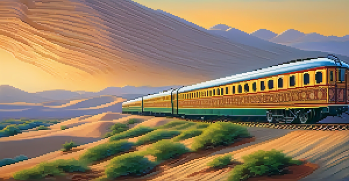 A luxurious train traveling through Rajasthan's beautiful landscapes, with sand dunes and greenery under a sunset.