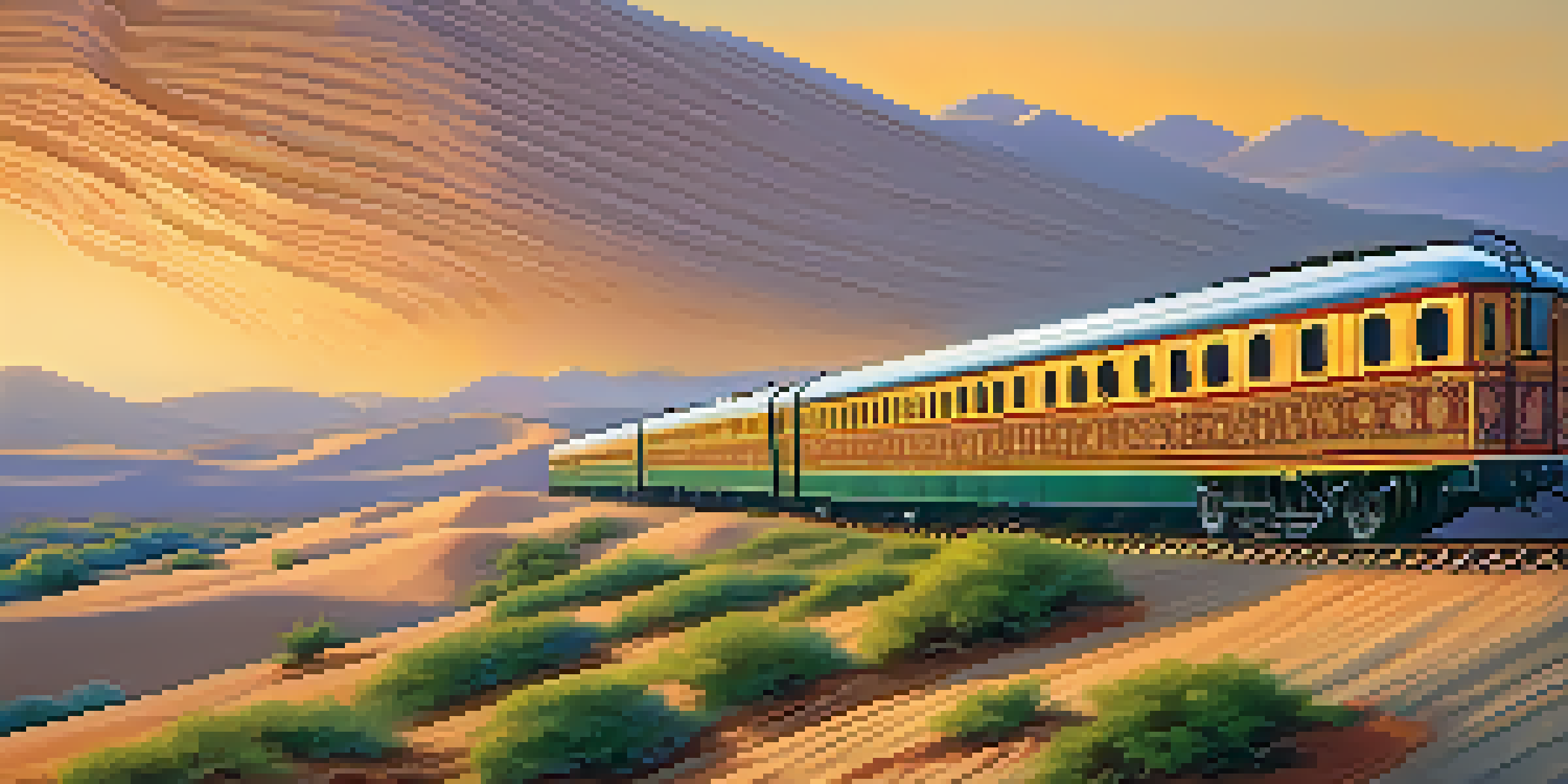 A luxurious train traveling through Rajasthan's beautiful landscapes, with sand dunes and greenery under a sunset.
