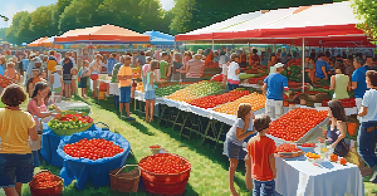 A summer festival celebrating tomatoes, with vibrant stalls and people tasting dishes in a sunny park filled with colorful decorations.