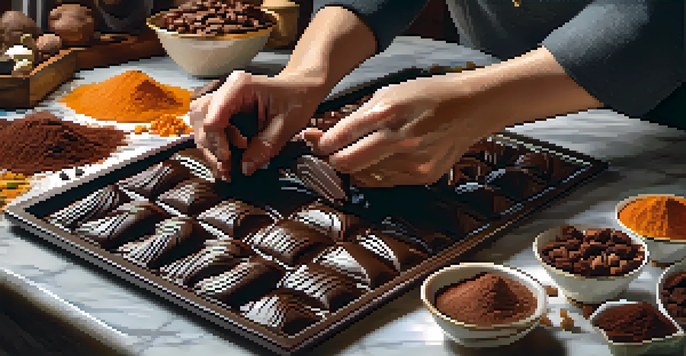 A chocolatier tempering dark chocolate on a marble slab with scattered nuts and spices.