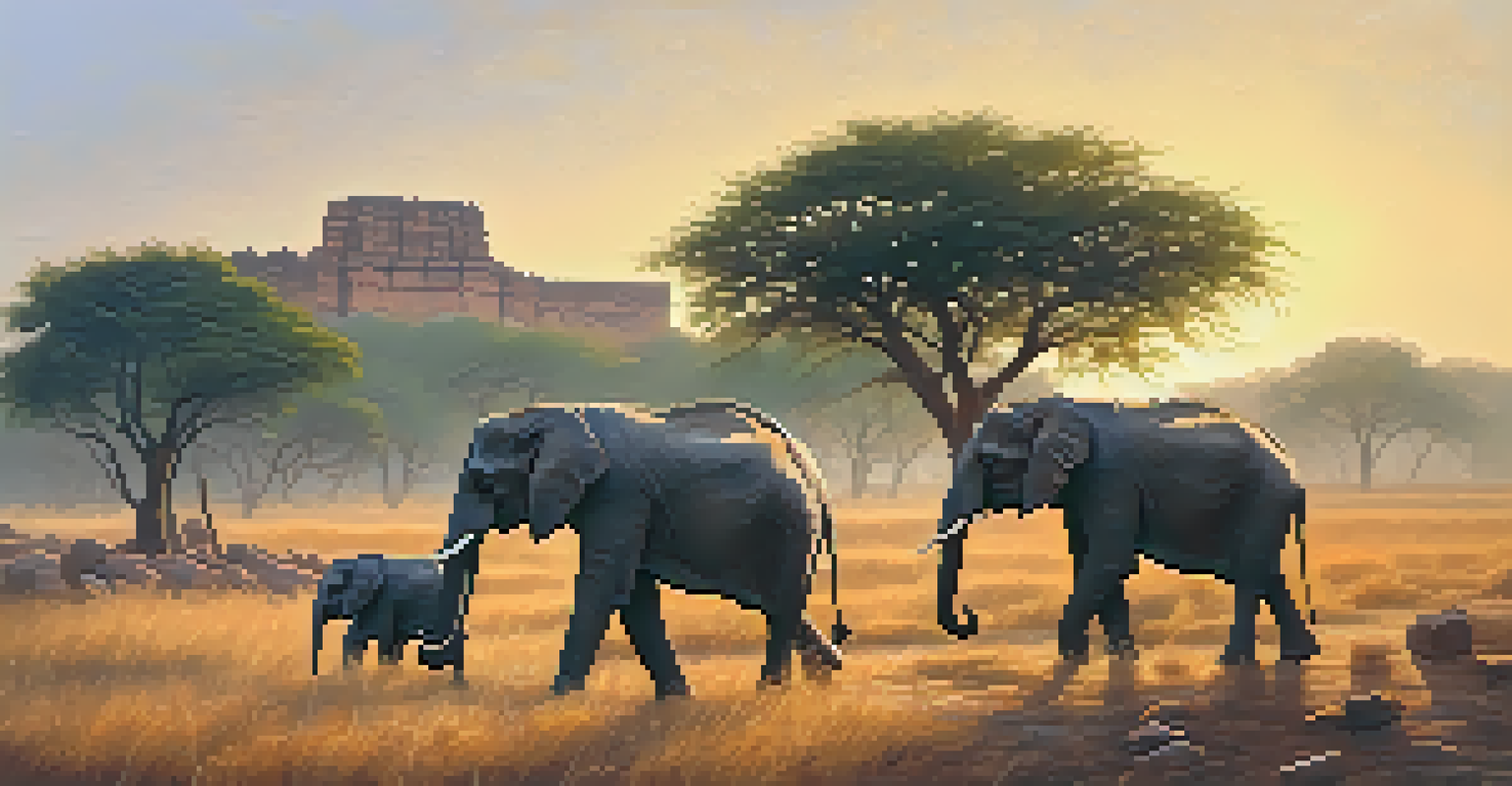 A family of elephants walking past ancient ruins in the morning light.