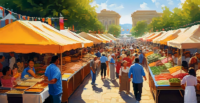 A lively food festival with diverse people enjoying local dishes at colorful food stalls under warm sunlight.