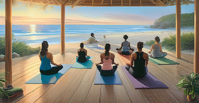 A peaceful yoga retreat by the beach at sunrise, with people practicing yoga on a wooden deck.
