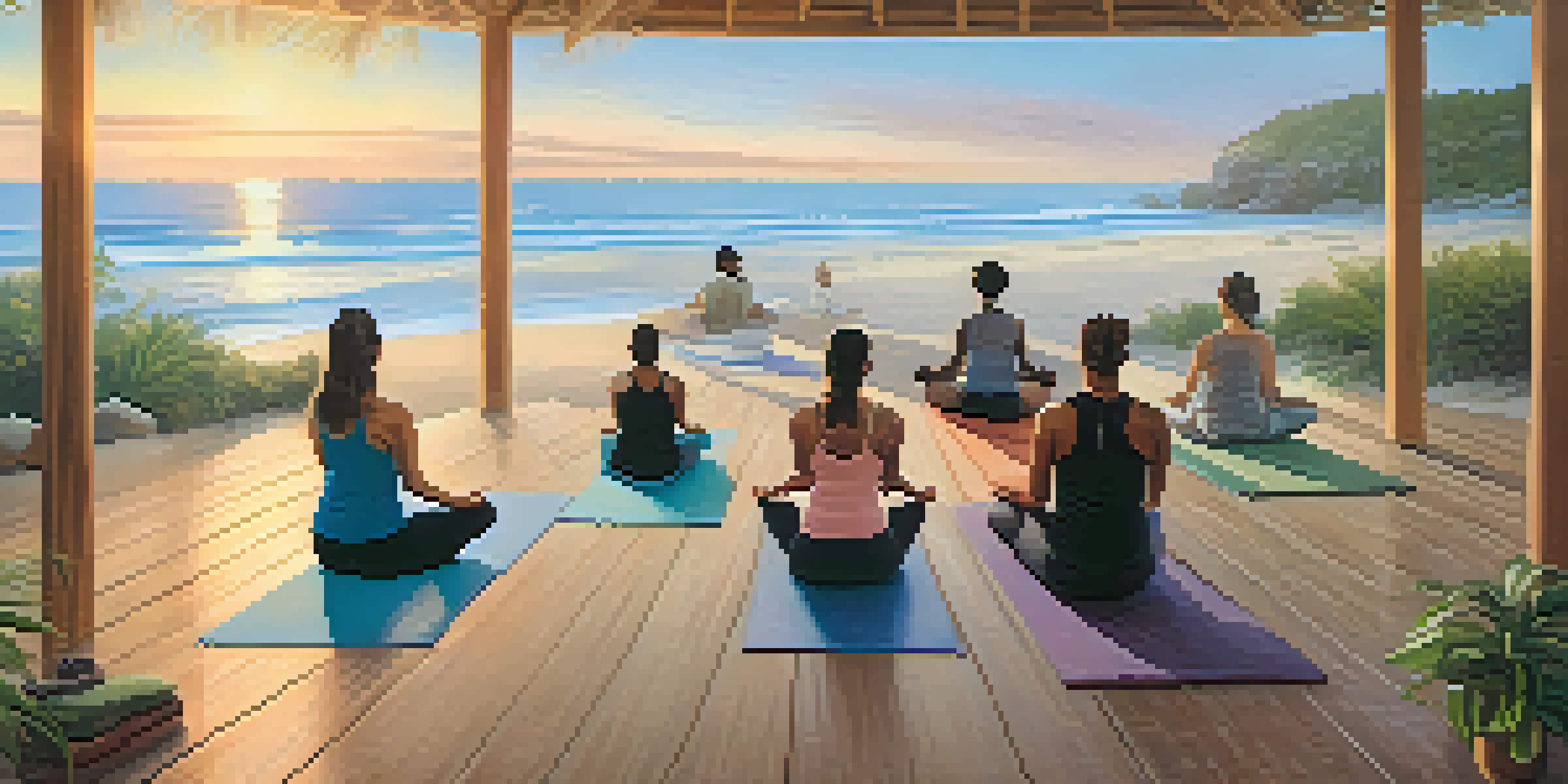 A peaceful yoga retreat by the beach at sunrise, with people practicing yoga on a wooden deck.