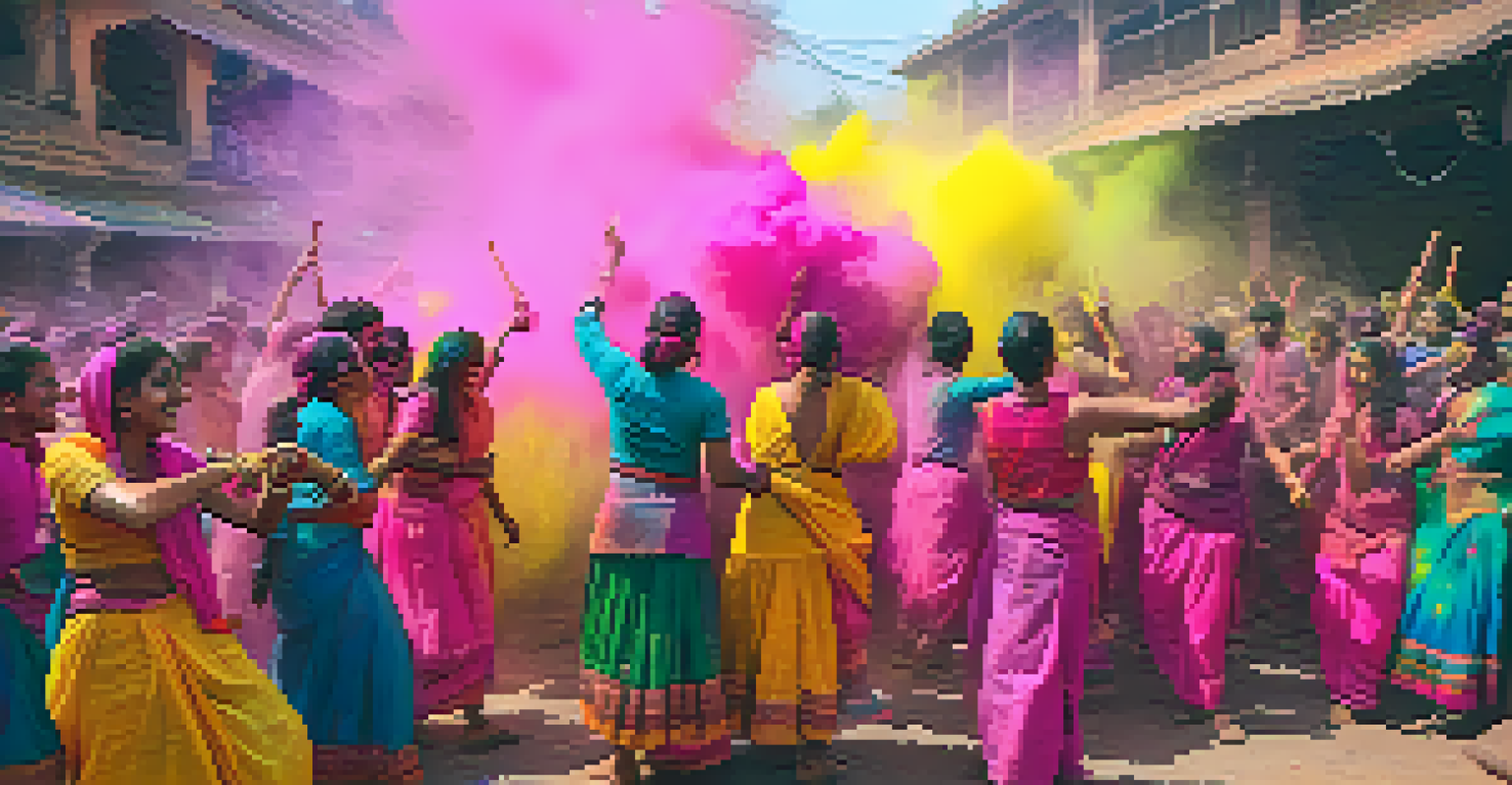 People celebrating Holi by throwing colored powders at each other, surrounded by vibrant colors and joyful expressions.