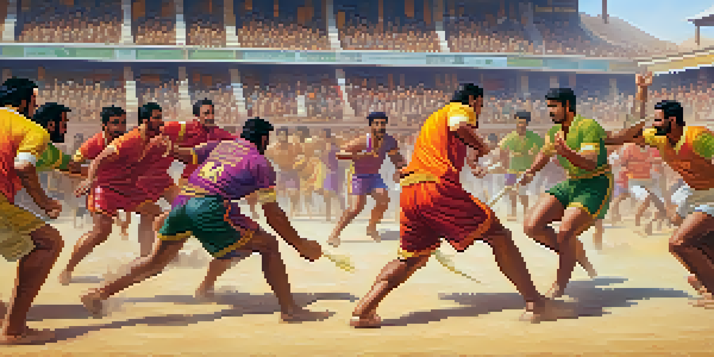 A lively outdoor Kabaddi match with players in colorful uniforms, showing dynamic action as a raider attempts to tag an opponent, with spectators in the background.