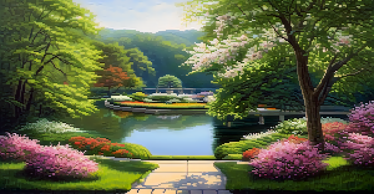 A serene garden at the Himalayan Institute in Pennsylvania, with blooming flowers and a meditation area under soft morning light.