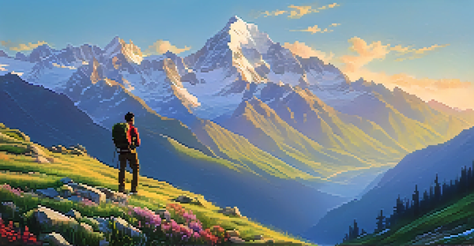A hiker overlooking a stunning sunrise in the Himalayas, with snow-capped peaks and vibrant meadows.