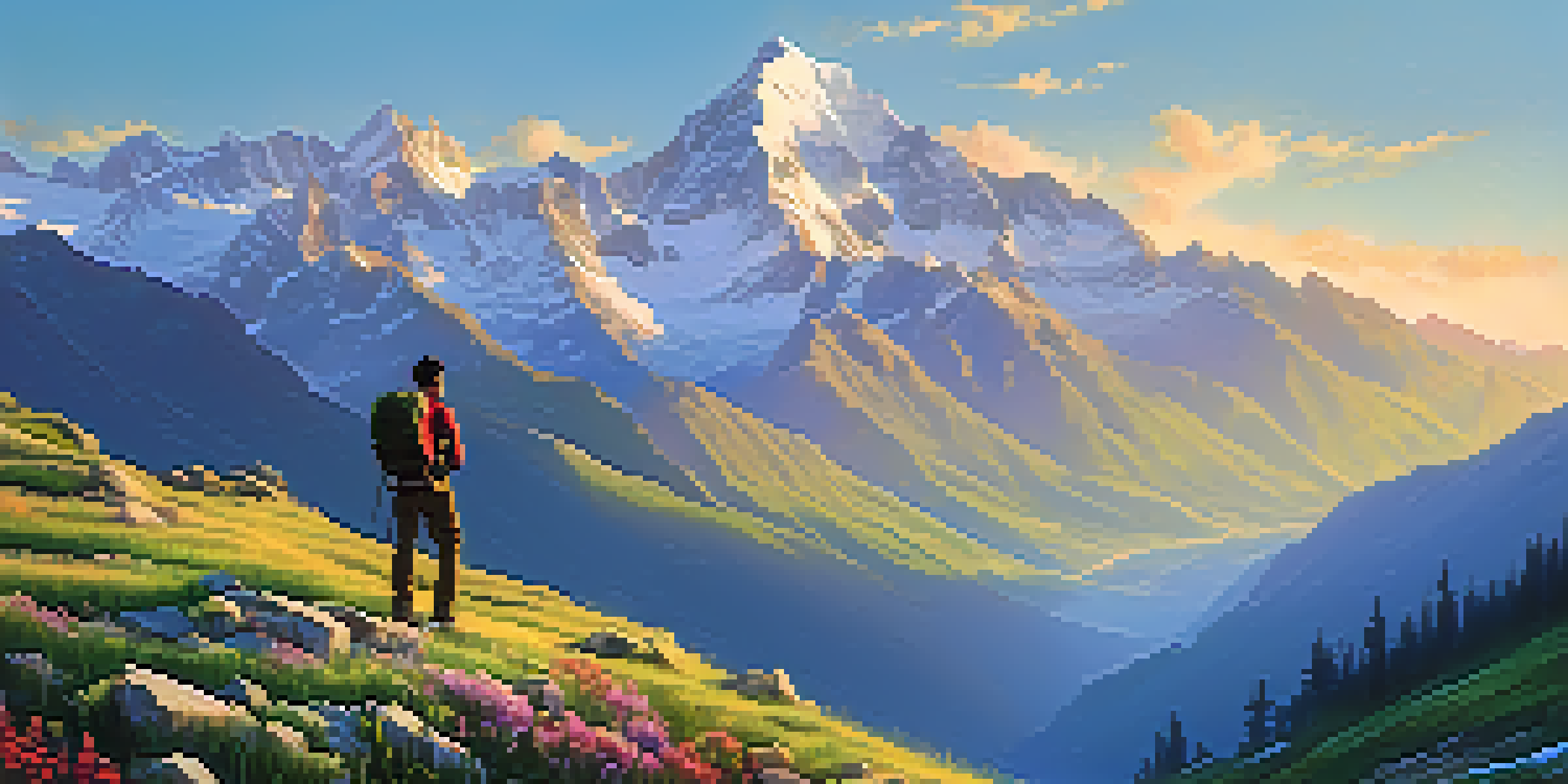 A hiker overlooking a stunning sunrise in the Himalayas, with snow-capped peaks and vibrant meadows.