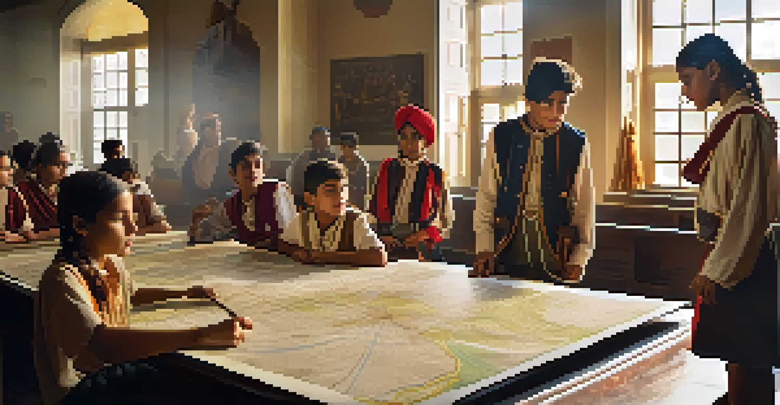 Students in a classroom actively participating in a historical reenactment, surrounded by maps and artifacts, with bright natural light illuminating the scene.
