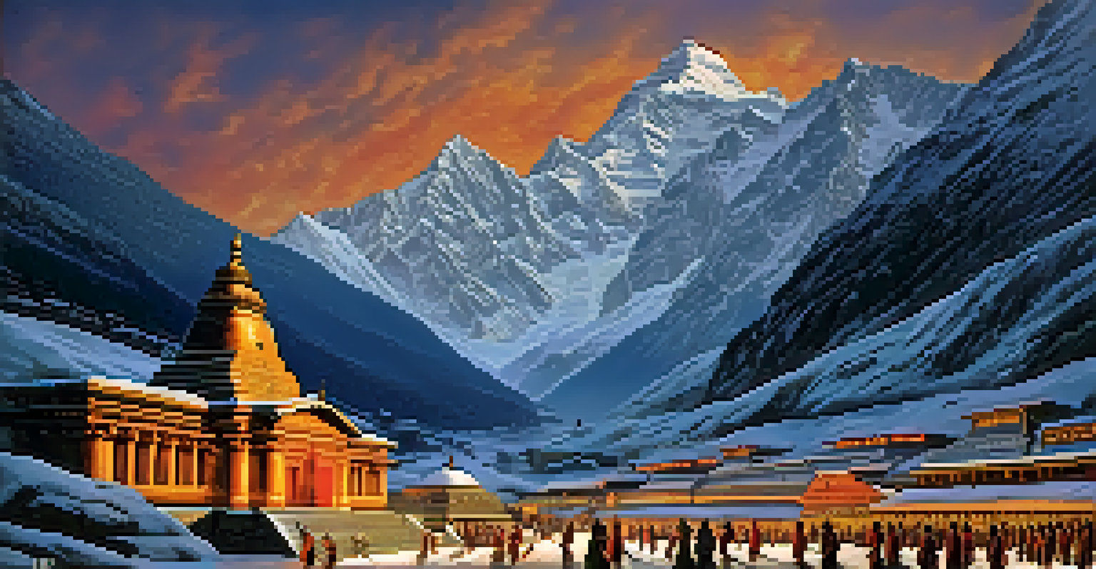 The Kedarnath temple with pilgrims in traditional attire, surrounded by snow-capped peaks and warm lamp light during the evening prayer ceremony.