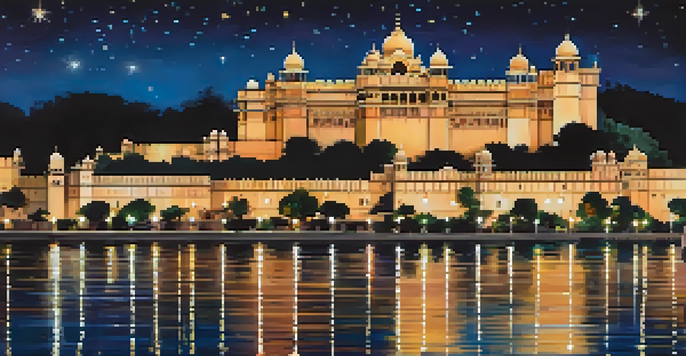 A breathtaking night scene of Udaipur's City Palace with reflections in Lake Pichola and a starry sky.