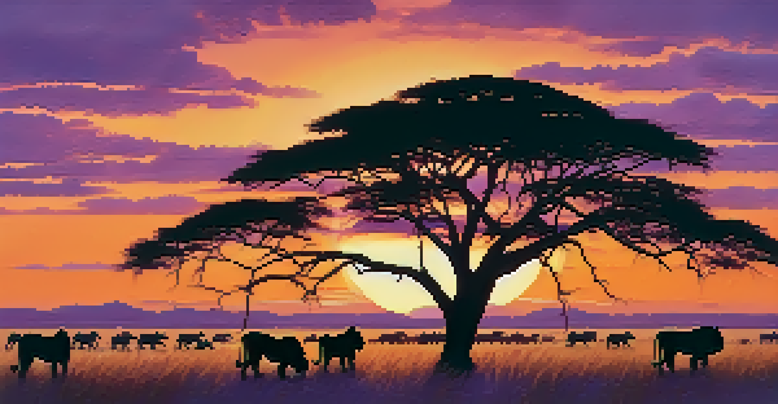 A silhouette of lions resting under an acacia tree in the Serengeti at sunset, with a herd of wildebeests in the background.