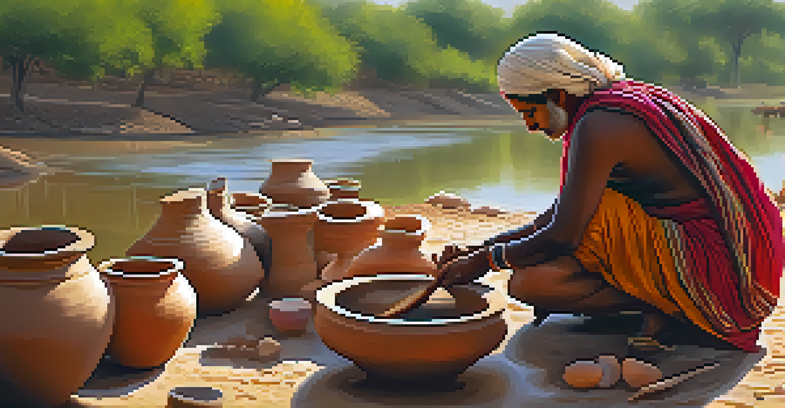 A close-up of a local artisan making pottery by the river in Rajasthan, surrounded by crafted pots and the serene river in the background.