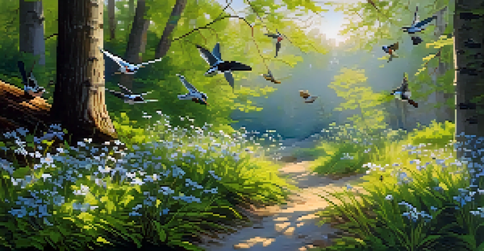A vibrant forest scene in spring with blooming wildflowers and various birds perched on branches under soft sunlight.