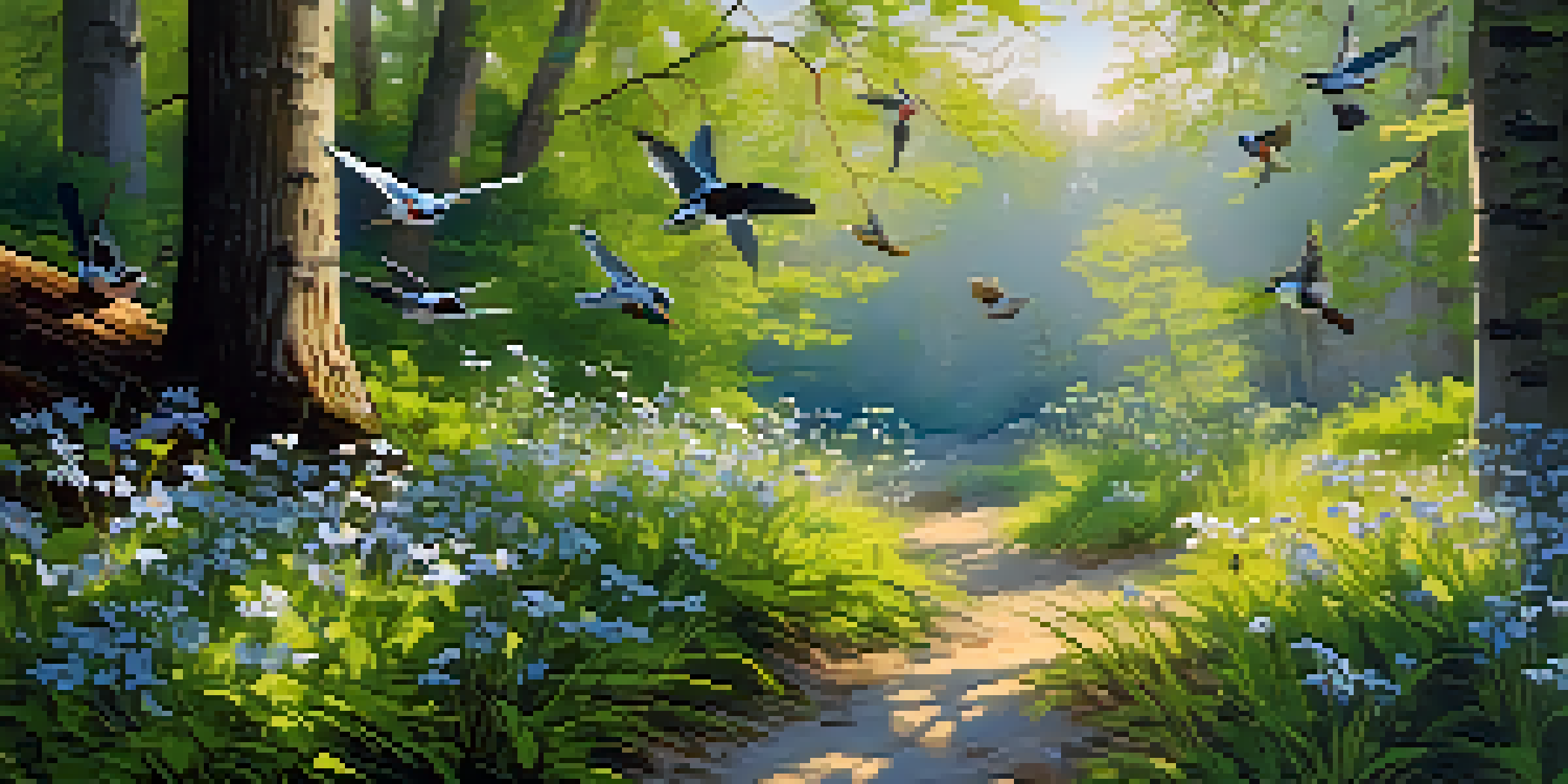 A vibrant forest scene in spring with blooming wildflowers and various birds perched on branches under soft sunlight.