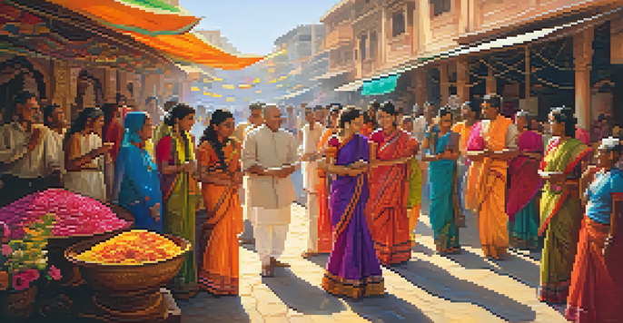 A group of people in traditional Indian attire greeting each other with 'Namaste' in a colorful market setting filled with crafts and flowers.