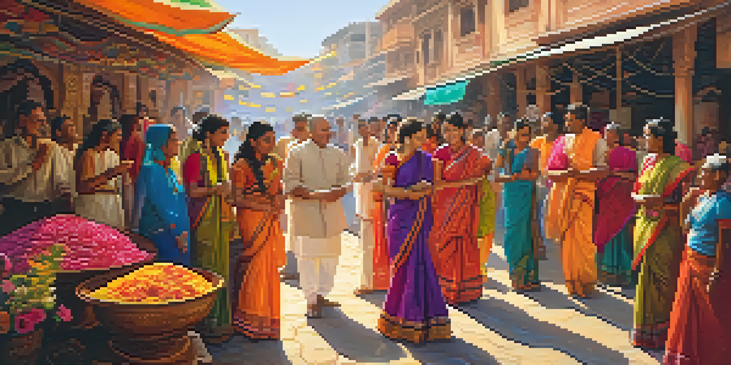 A group of people in traditional Indian attire greeting each other with 'Namaste' in a colorful market setting filled with crafts and flowers.