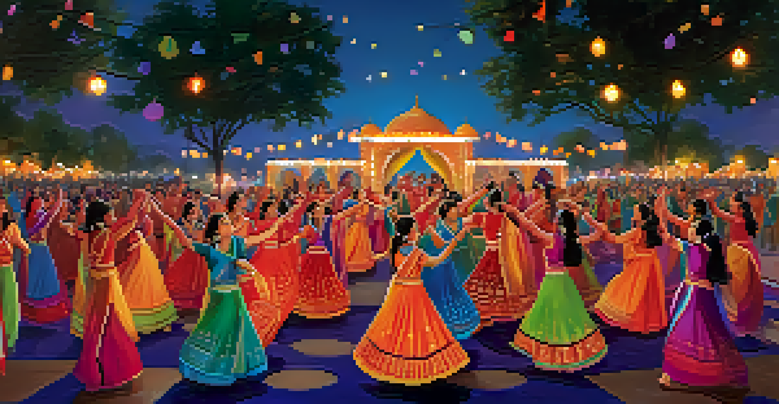 A lively Indian festival scene with people dancing Garba in colorful outfits, surrounded by decorations and festive lights at twilight.