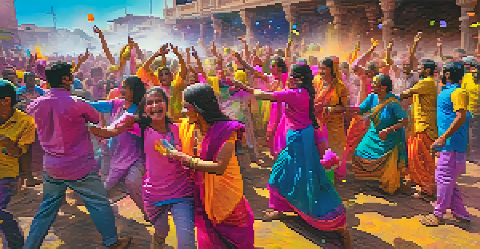 People celebrating Holi by throwing colored powders, surrounded by a lively atmosphere.