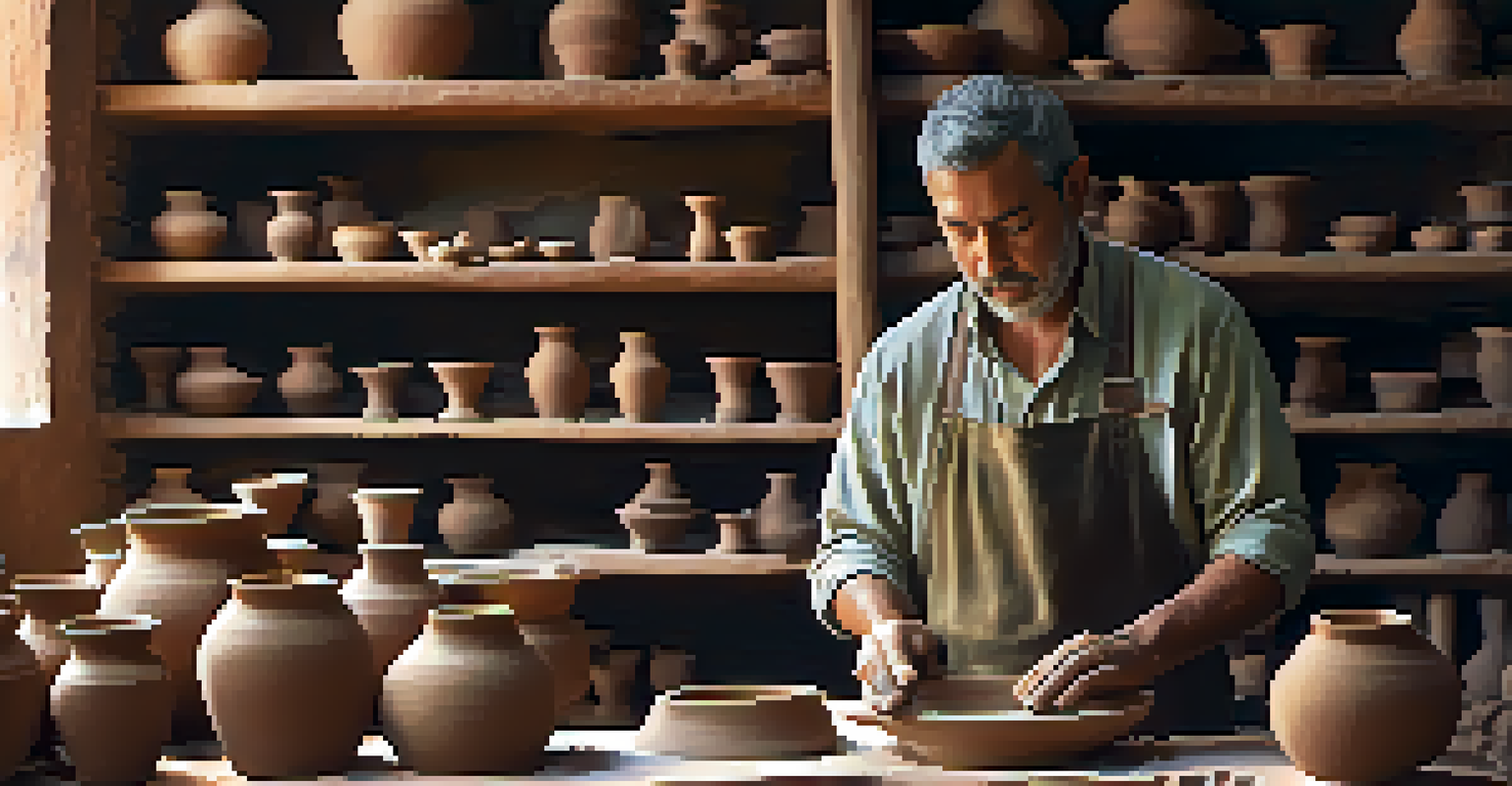 A potter crafting clay on a wheel in a workshop, surrounded by colorful pottery and tools, with warm lighting.