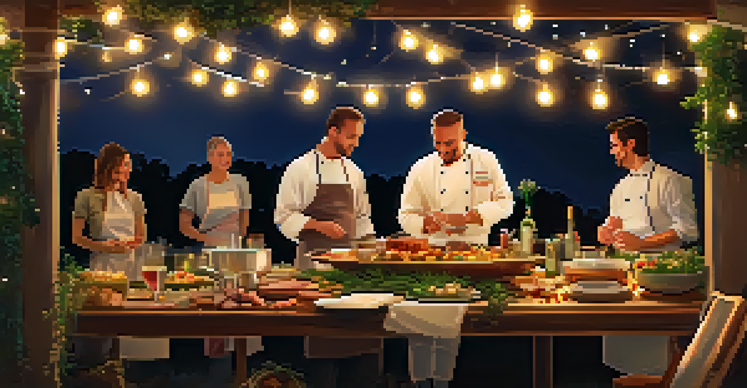 A chef's table experience at a local cuisine festival, with a chef preparing a dish for guests at a beautifully set table surrounded by fresh local ingredients.