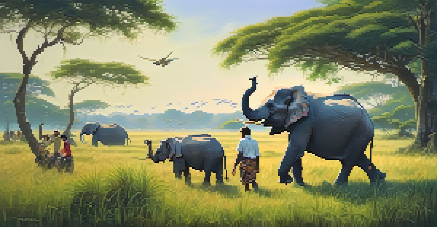 A family on an elephant ride in Kaziranga National Park, with a one-horned rhinoceros in the background.