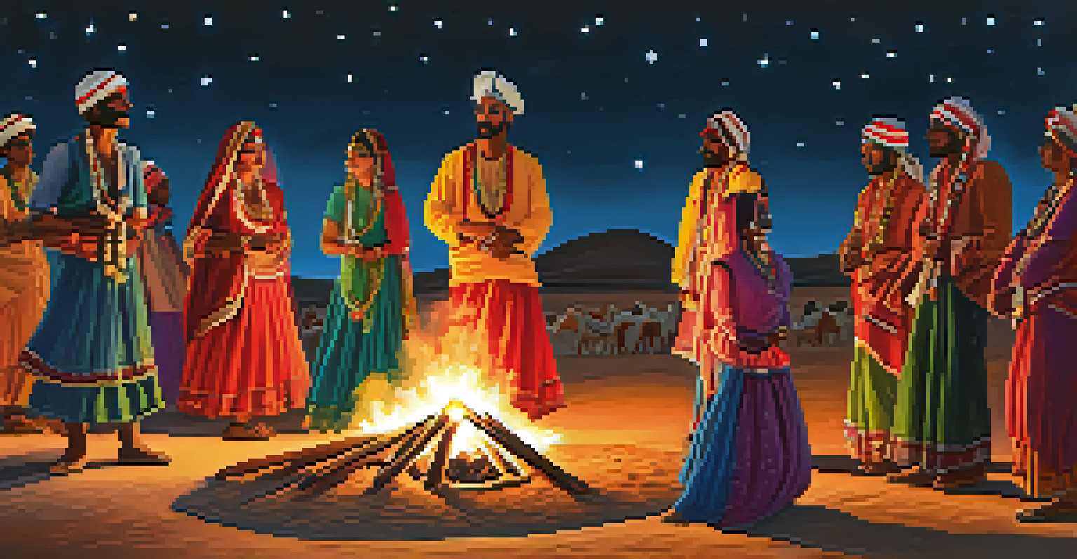 Locals in colorful attire performing folk dances around a campfire at night during a festival in the Thar Desert, under a starry sky.