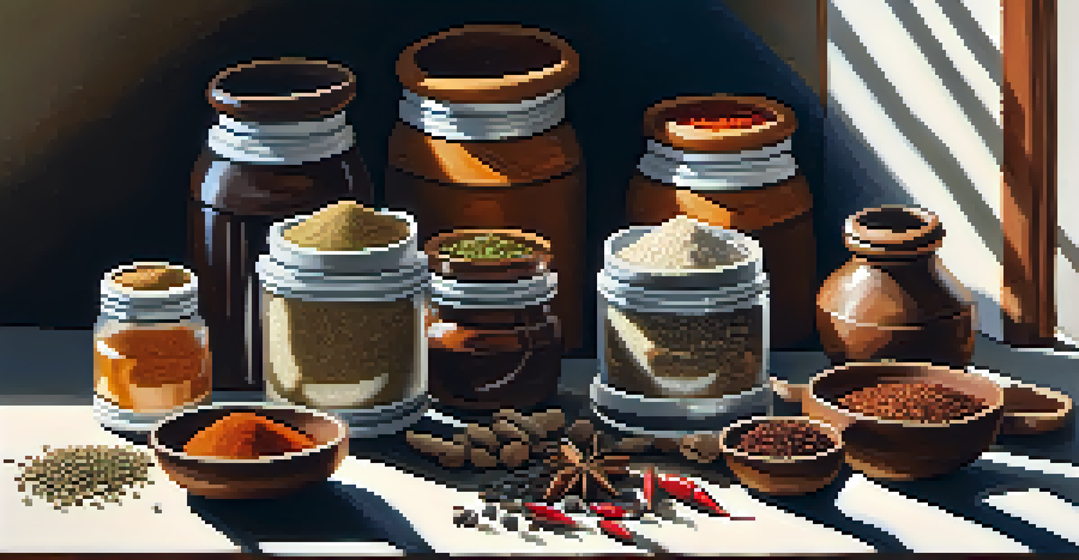 A kitchen counter with various Indian spices, a mortar and pestle, and sunlight enhancing the scene.