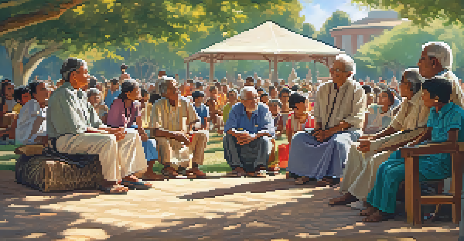 An elder storyteller sharing stories at a festival, surrounded by captivated children and adults, in a sunlit park.