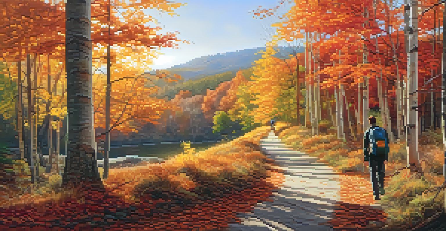 A peaceful autumn scene with a hiking trail surrounded by trees with colorful leaves, and a hiker walking under the warm sunlight.