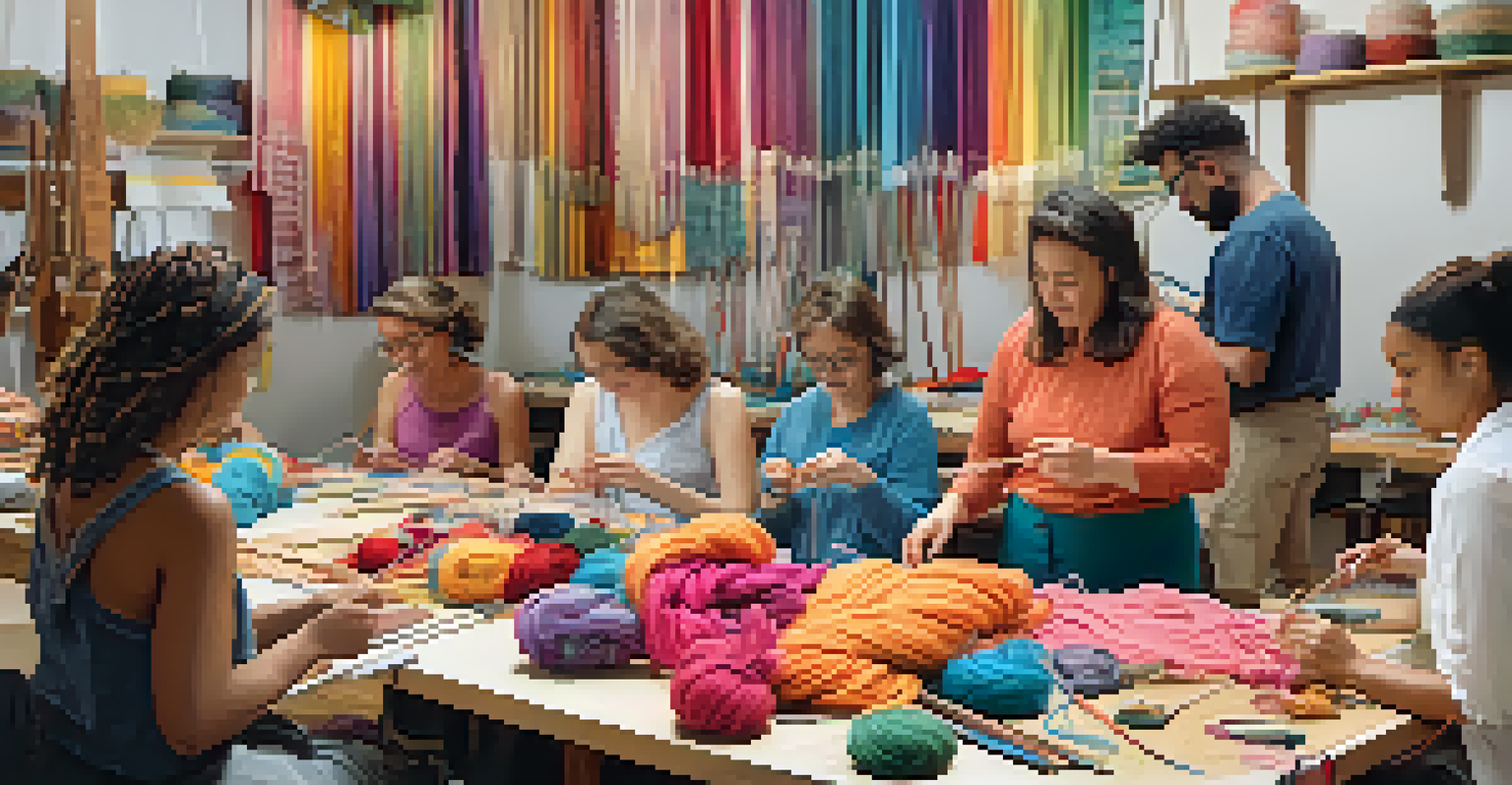 Participants in a textile arts workshop happily knitting and weaving together, surrounded by colorful yarn and fabric.