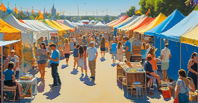 A vibrant outdoor art festival with colorful tents and artists showcasing their work, surrounded by an audience admiring the art under a clear blue sky.
