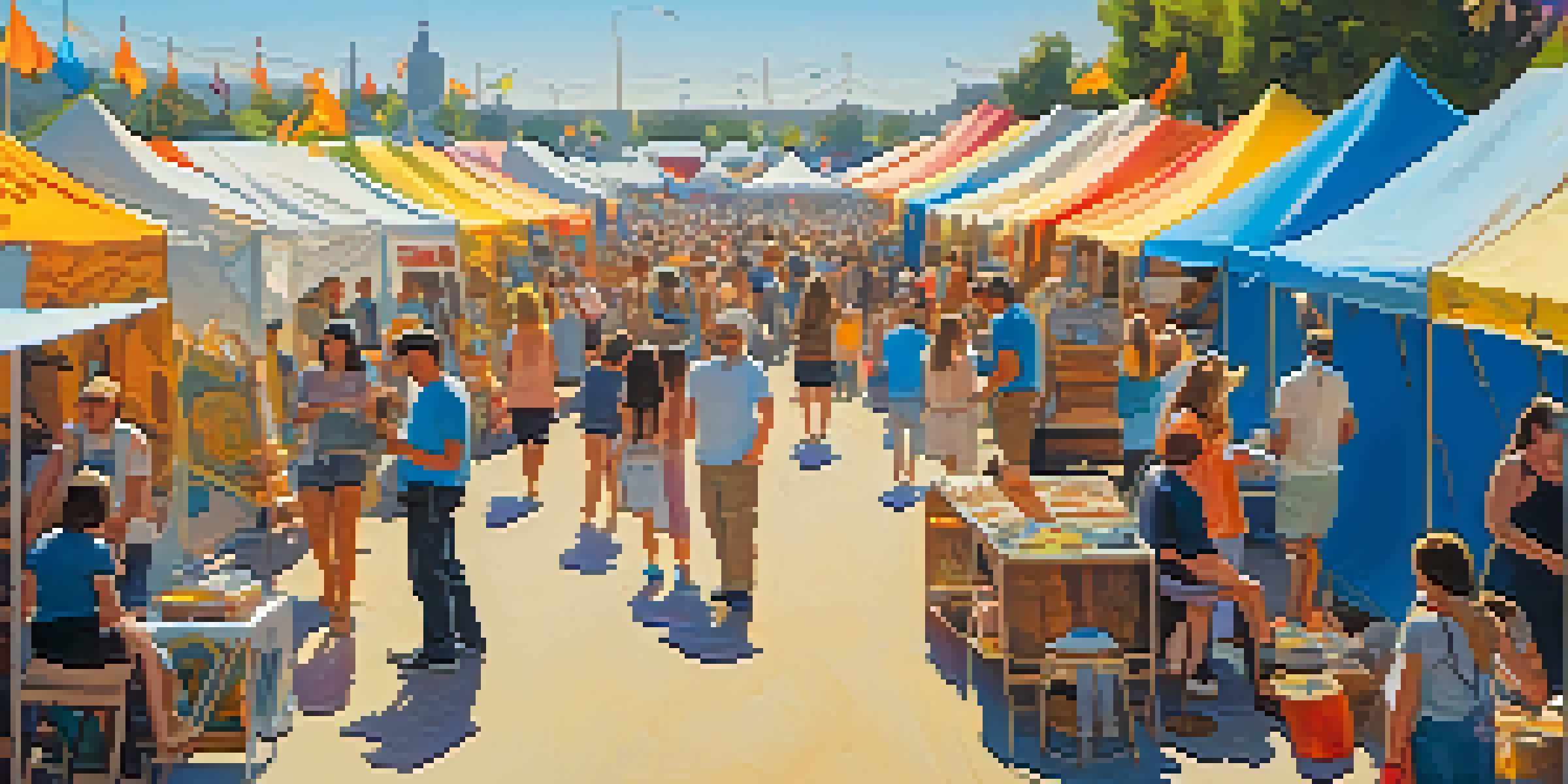 A vibrant outdoor art festival with colorful tents and artists showcasing their work, surrounded by an audience admiring the art under a clear blue sky.