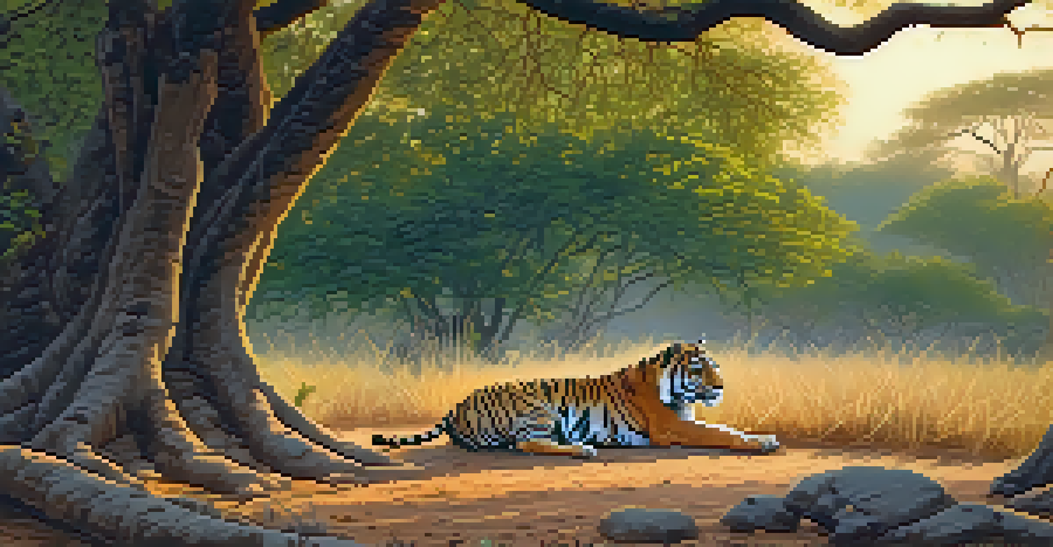 A tiger resting under a tree in Ranthambore National Park with tourists observing from a distance.