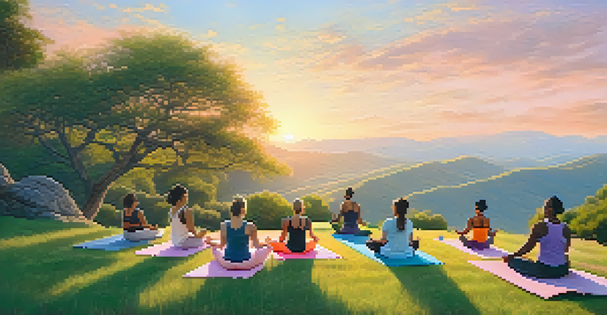 A diverse group practicing yoga on a grassy hill at sunrise, surrounded by trees and a serene valley.