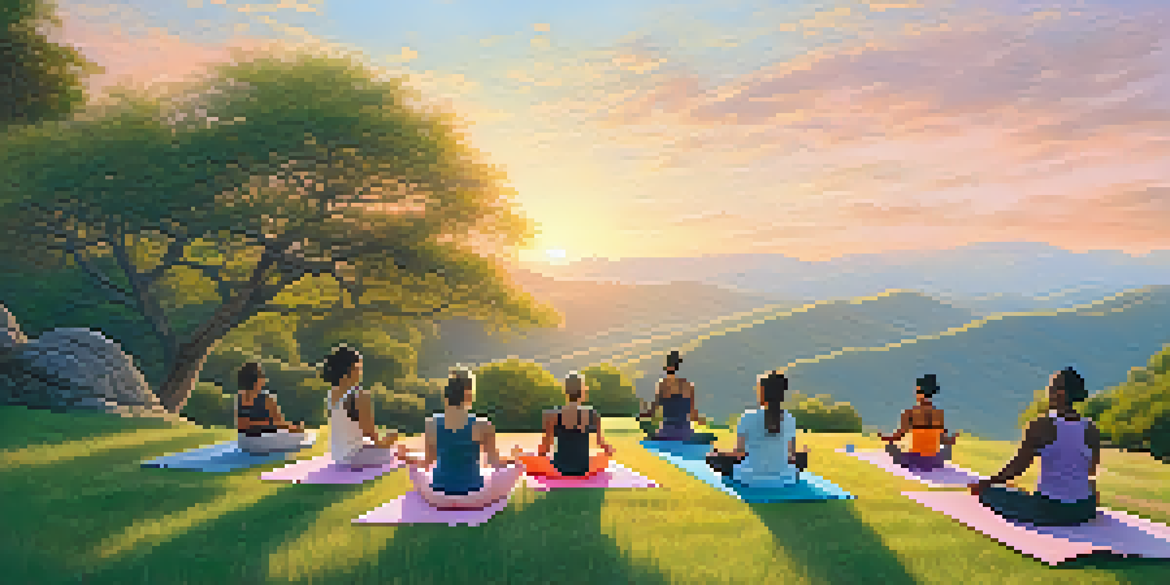 A diverse group practicing yoga on a grassy hill at sunrise, surrounded by trees and a serene valley.