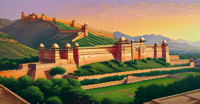 A panoramic view of Amer Fort at sunset, highlighting its intricate architecture and golden colors against a vibrant sky.