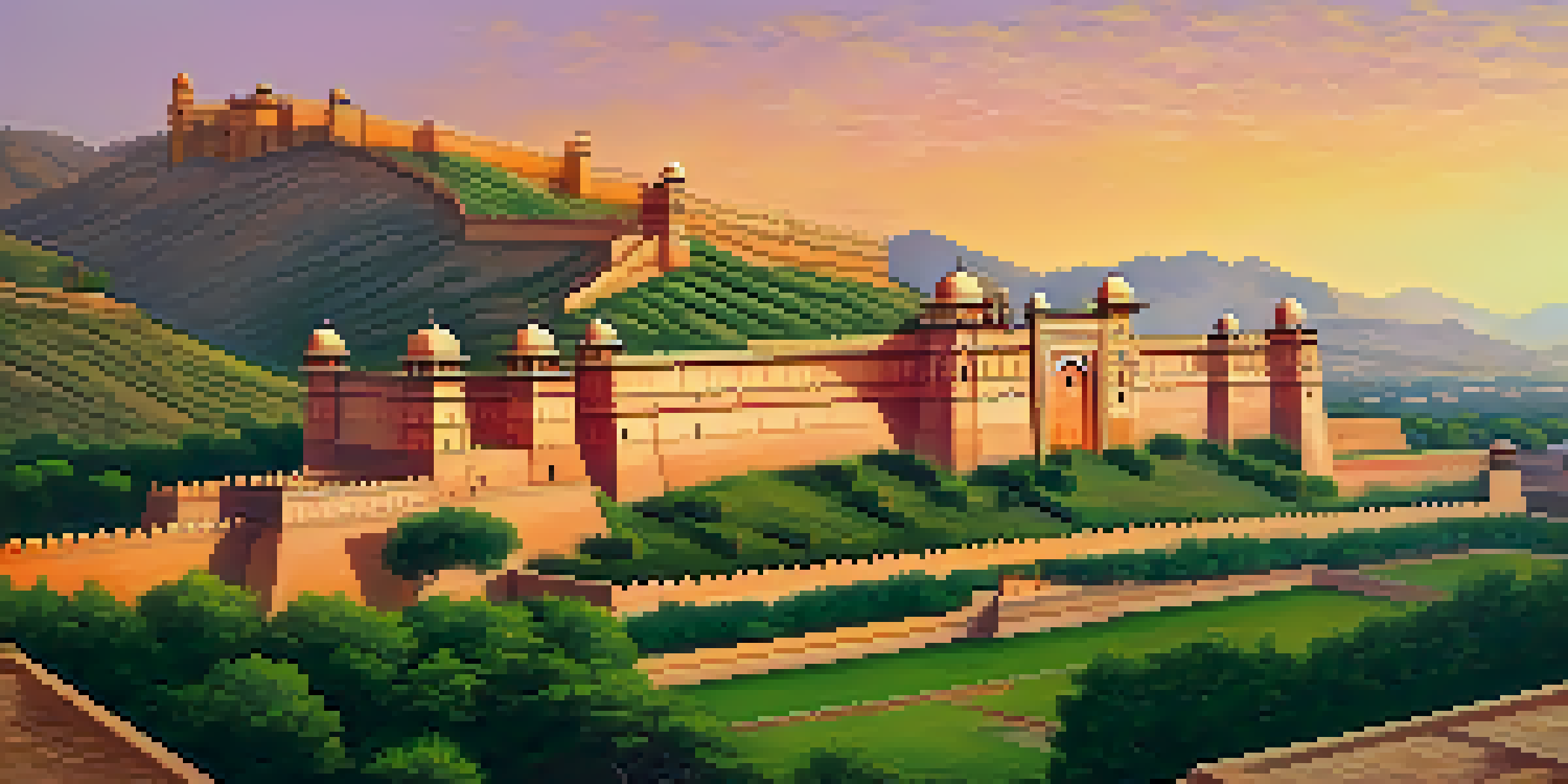 A panoramic view of Amer Fort at sunset, highlighting its intricate architecture and golden colors against a vibrant sky.